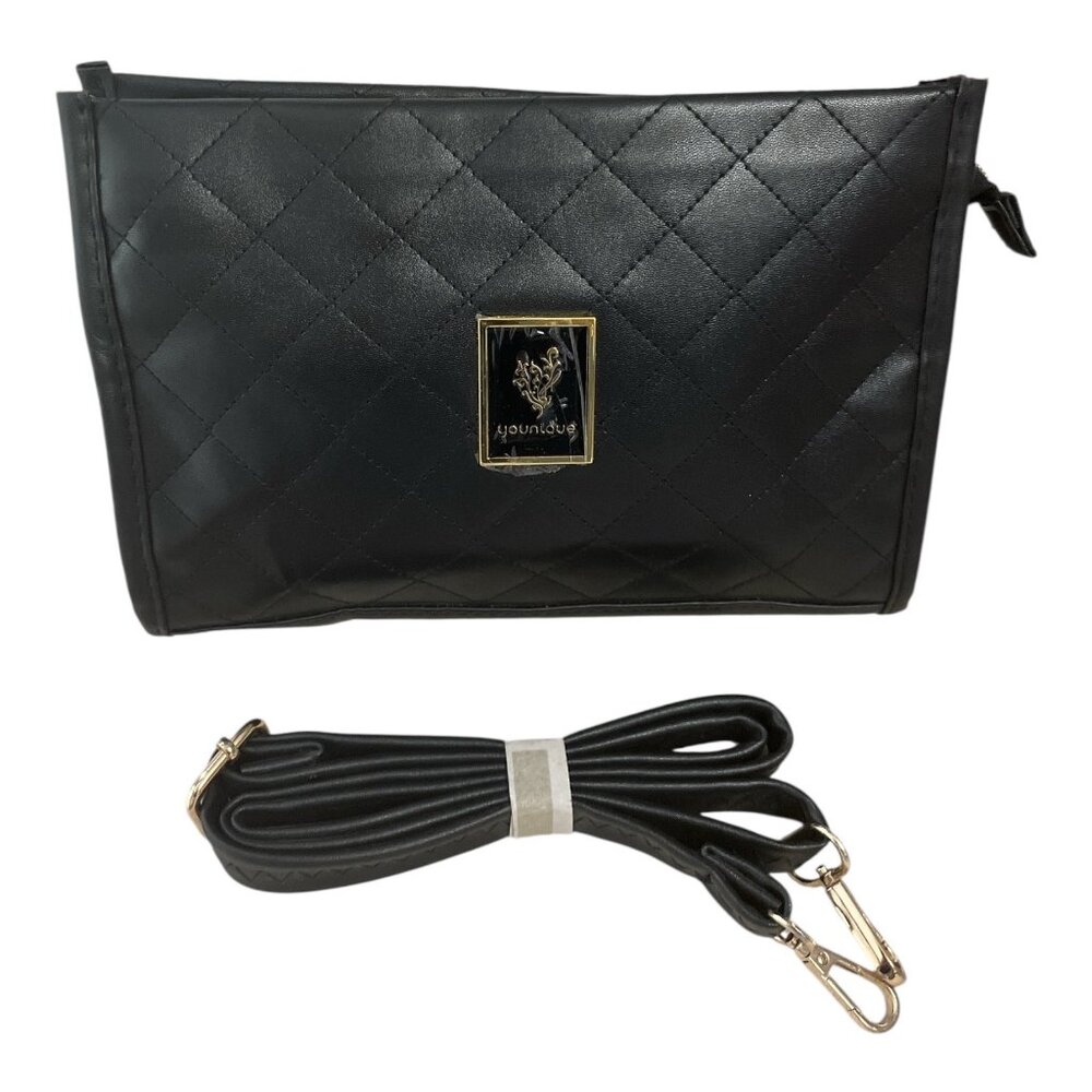 Younique Black Quilted Faux Leather Crossbody Bag – Iridescent Lining, Gold Logo